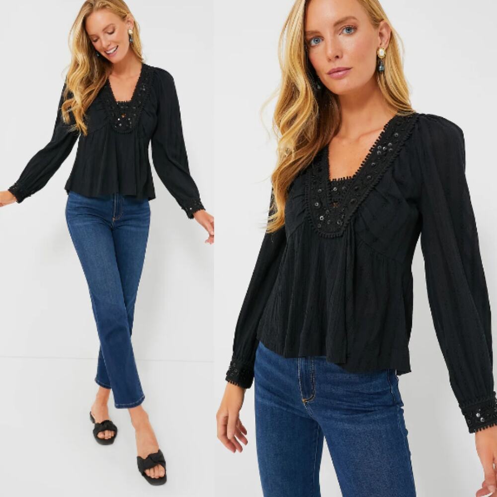 NWT Sea New York Black Charlotte Embroidery Long Sleeve Top Size Small Cotton‎